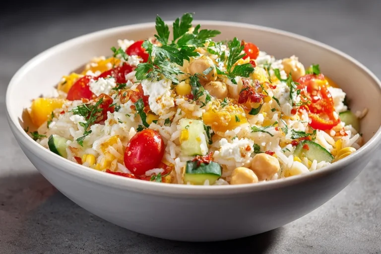 Ein farbenfroher Teller mit weltbester Reissalat, serviert mit frischen Zutaten wie Tomaten, Paprika, Gurke, Mais und Feta auf einem rustikalen Holztisch.