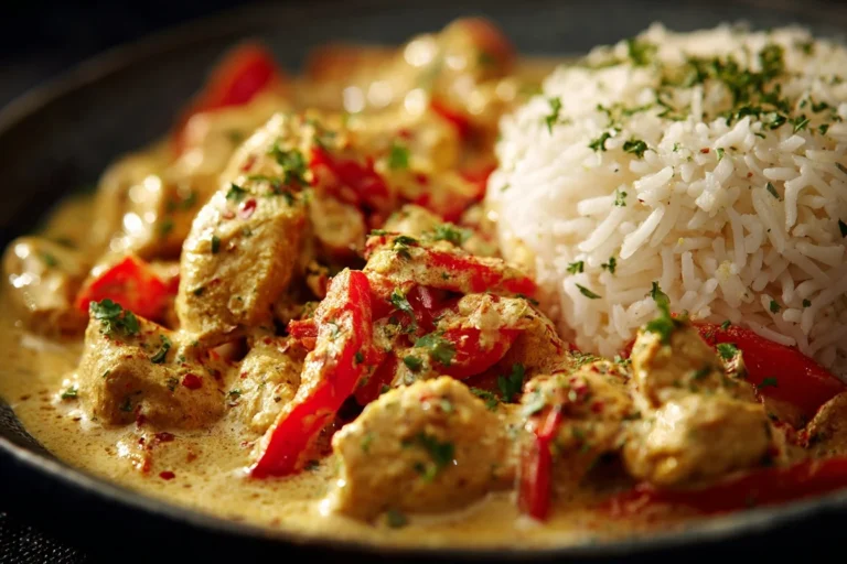 Köstliches Hähnchen Curry mit Reis, serviert auf einem Teller, perfekt für ein schnelles und gesundes Gericht.