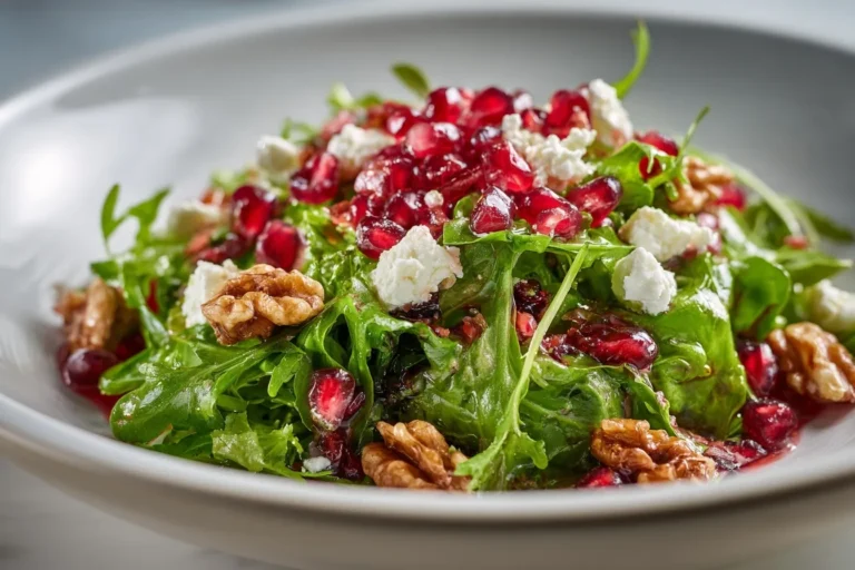 Frischer Salat mit Granatapfel, Ziegenkäse, Walnüssen und Granatapfeldressing, serviert in einer großen Schüssel.