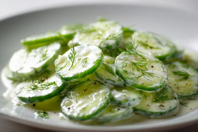 Frischer Gurken Sahne Salat in einer großen Schüssel mit cremigem Dressing und Dill, bereit zum Servieren.