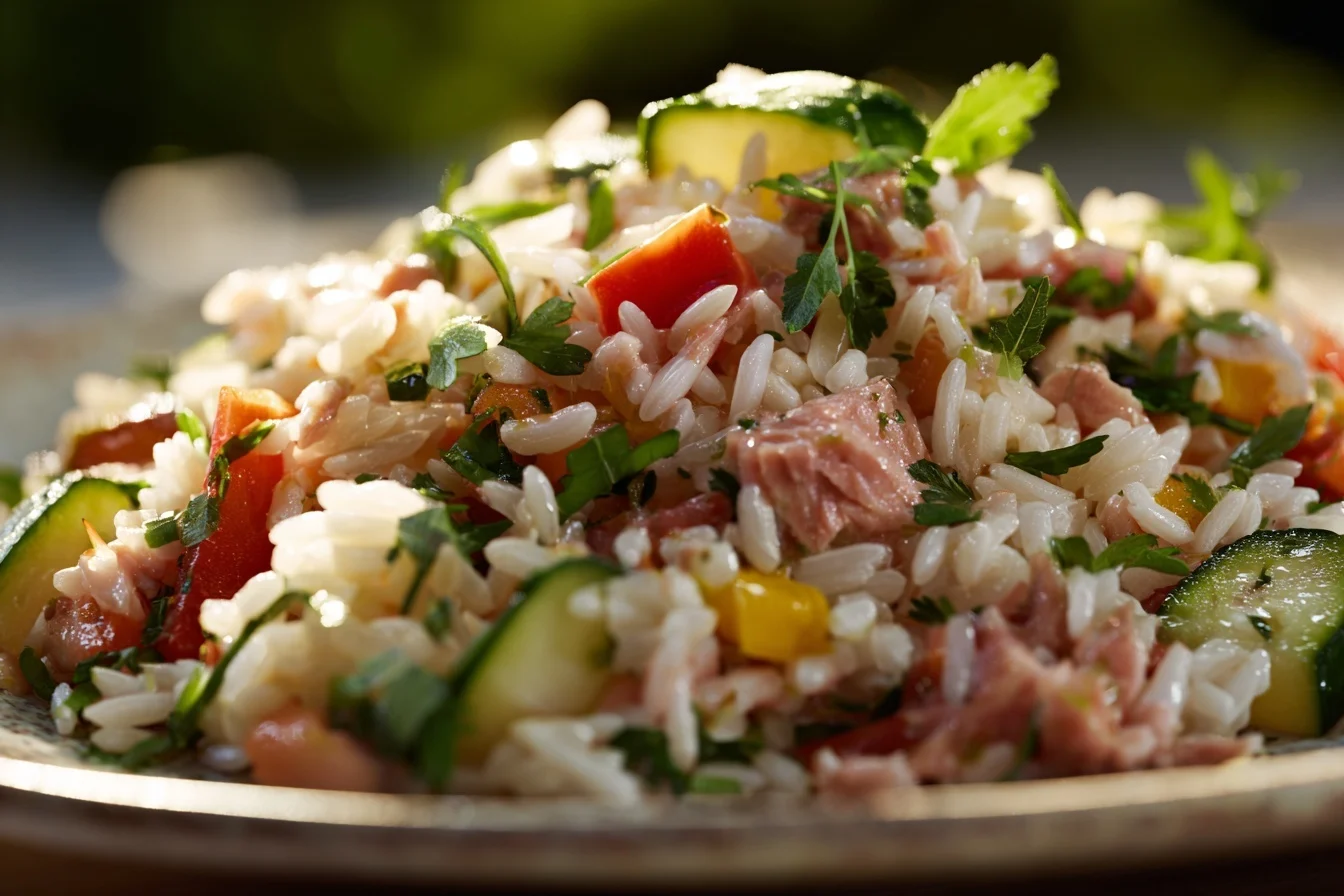 Reissalat mit Thunfisch in einer großen Servierschüssel mit frischem Gemüse und leichter Vinaigrette.