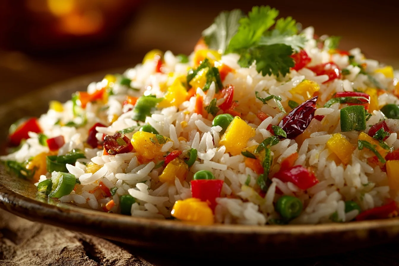 Reissalat Rezept in einer großen Servierschüssel mit buntem Gemüse und frischen Kräutern.