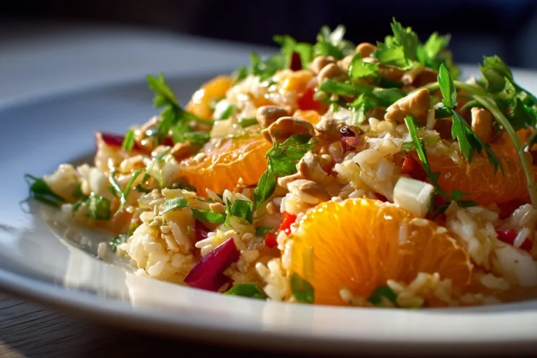 Ein farbenfroher Mandarinen Reissalat mit saftigen Mandarinen, knackigem Gemüse, gerösteten Nüssen und Sesam, angerichtet in einer stilvollen Schale.