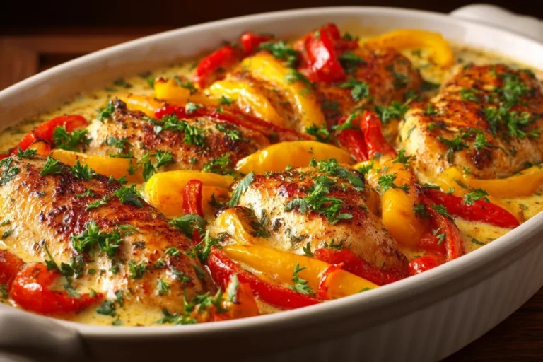 Paprika Sahne Hähnchen Ofen mit cremiger Soße und Paprikastreifen in einer Auflaufform, frisch serviert.