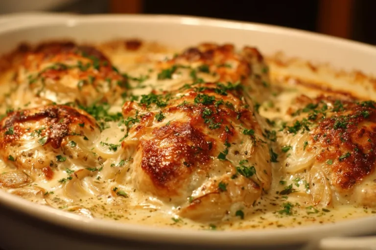 Zwiebel Sahne Hähnchen mit Zwiebelsuppe, serviert in einer großen Auflaufform mit cremiger Soße und frischen Kräutern als Garnitur.