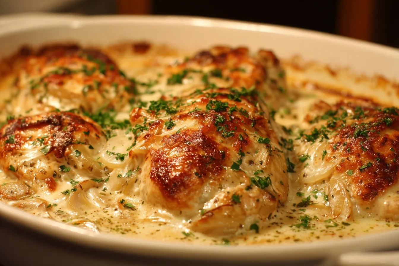 Zwiebel Sahne Hähnchen mit Zwiebelsuppe, serviert in einer großen Auflaufform mit cremiger Soße und frischen Kräutern als Garnitur.