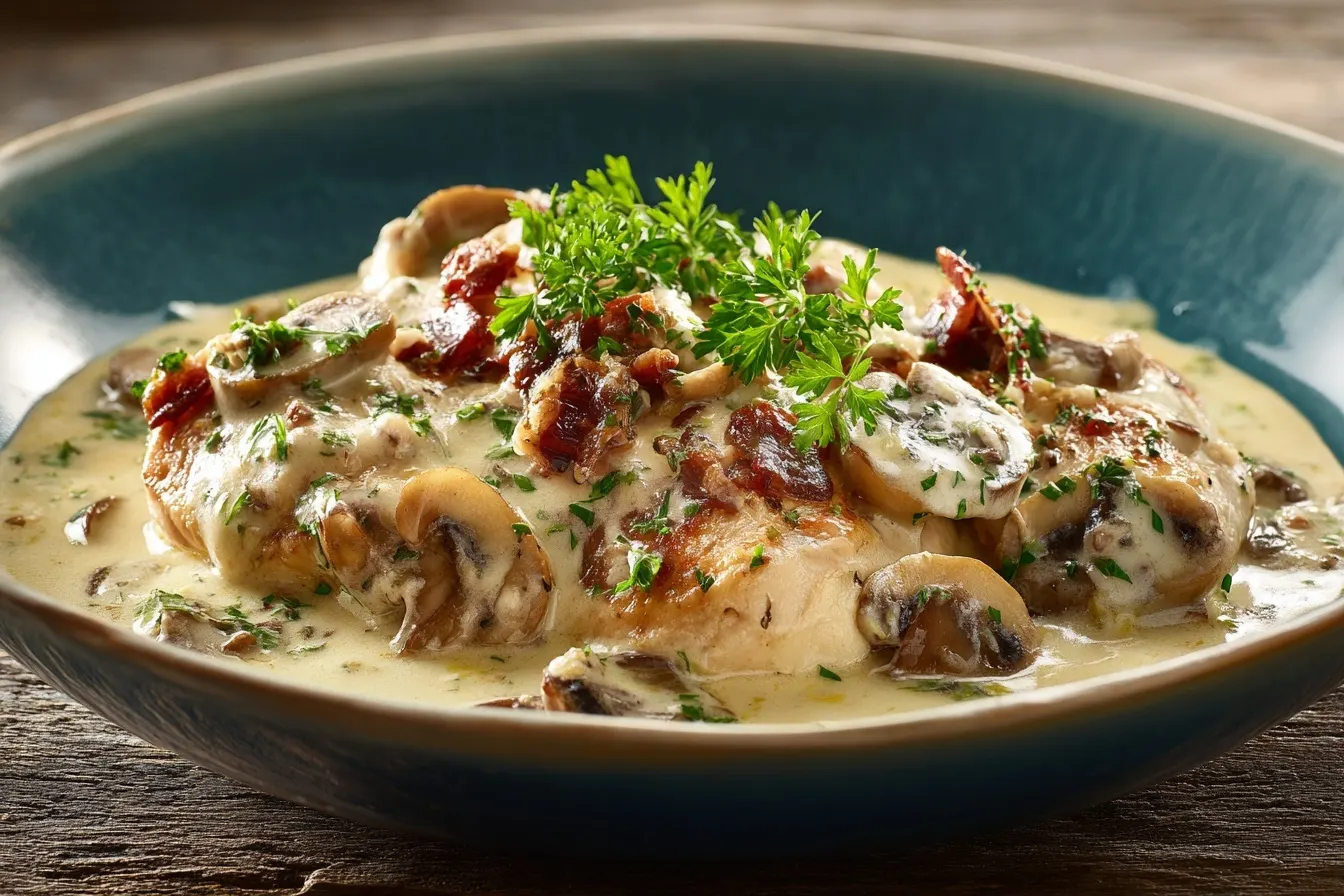 Hähnchen Sahne Soße in einer Servierpfanne mit Löffel, dekoriert mit Petersilie.