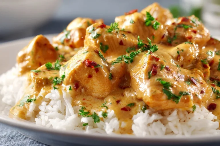 Reis mit Hähnchen und Soße, angerichtet mit cremiger Soße und frisch gehackter Petersilie, ein köstliches Gericht für den Alltag.