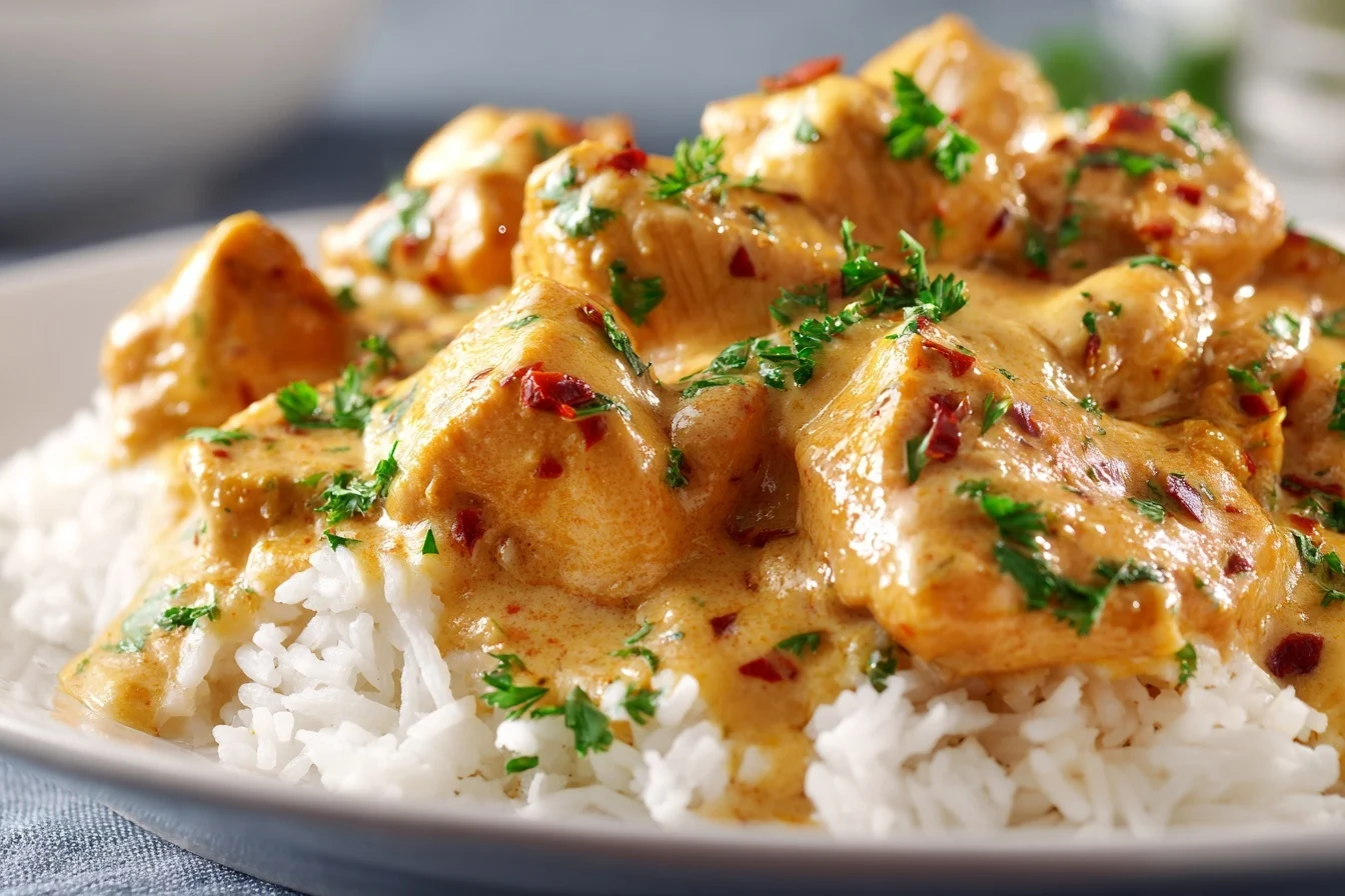 Reis mit Hähnchen und Soße, angerichtet mit cremiger Soße und frisch gehackter Petersilie, ein köstliches Gericht für den Alltag.