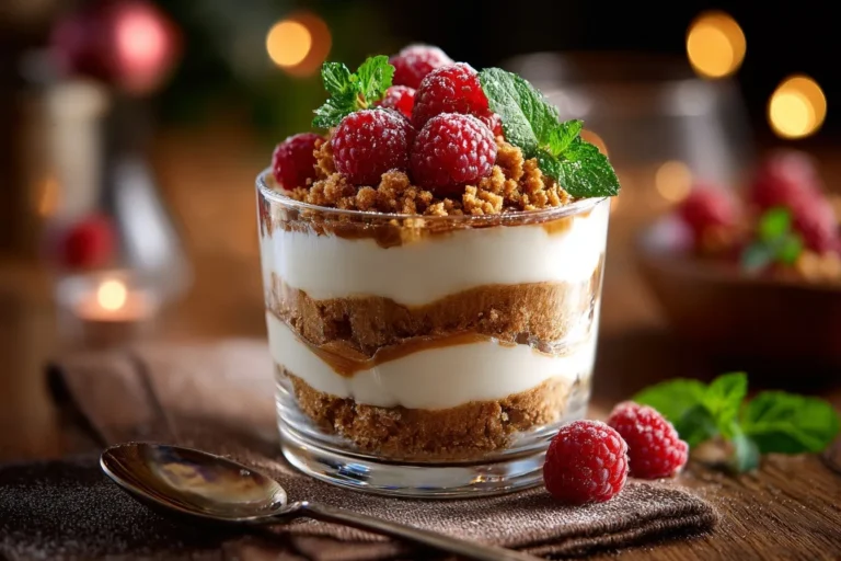 Mascarpone Spekulatius Dessert im Glas mit Schichten aus Mascarponecreme, Spekulatiuskrümeln und Himbeeren, dekoriert mit Minze.
