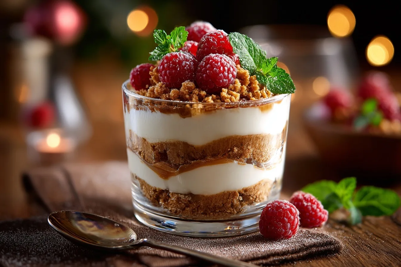 Mascarpone Spekulatius Dessert im Glas mit Schichten aus Mascarponecreme, Spekulatiuskrümeln und Himbeeren, dekoriert mit Minze.