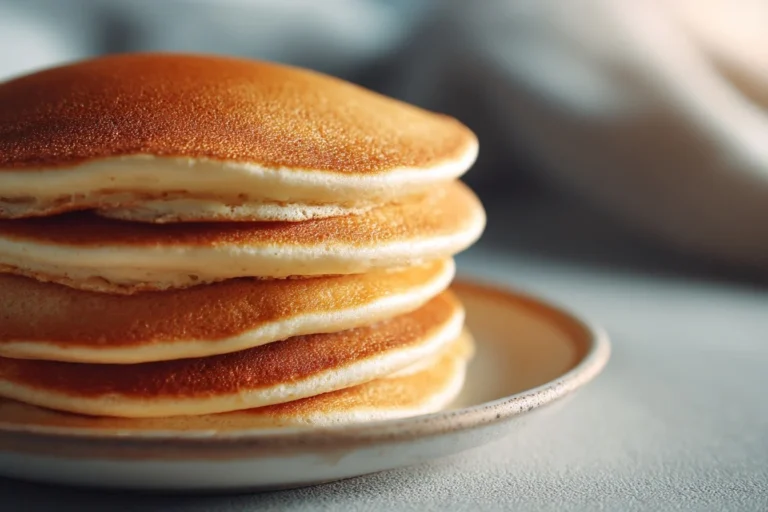 Pfannkuchen ohne Milch mit Beeren und Ahornsirup serviert.