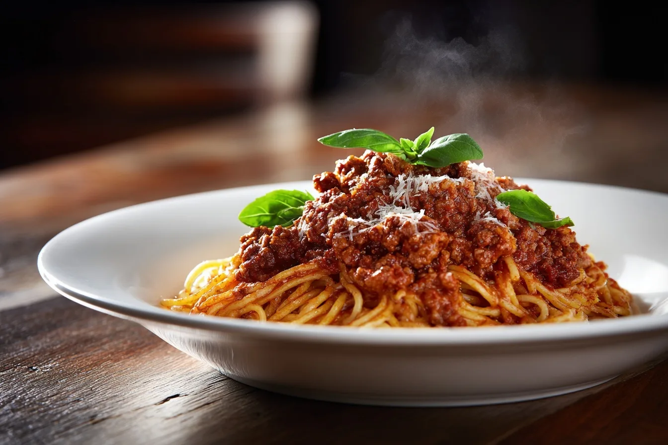 Overhead-Aufnahme von Spaghetti Bolognese Sauce im Thermomix auf einem Teller, mit frischen Kräutern und Parmesan serviert.