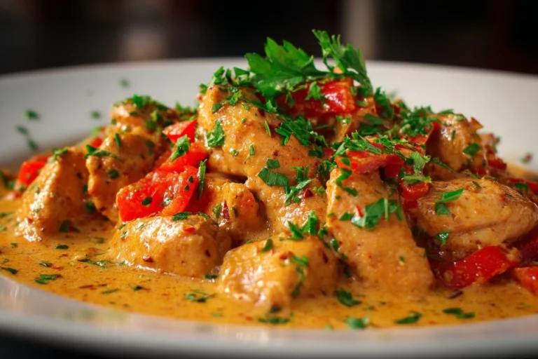 Paprika Sahne Hähnchen serviert in einer Pfanne mit cremiger Paprika-Sahne-Soße und frischer Petersilie