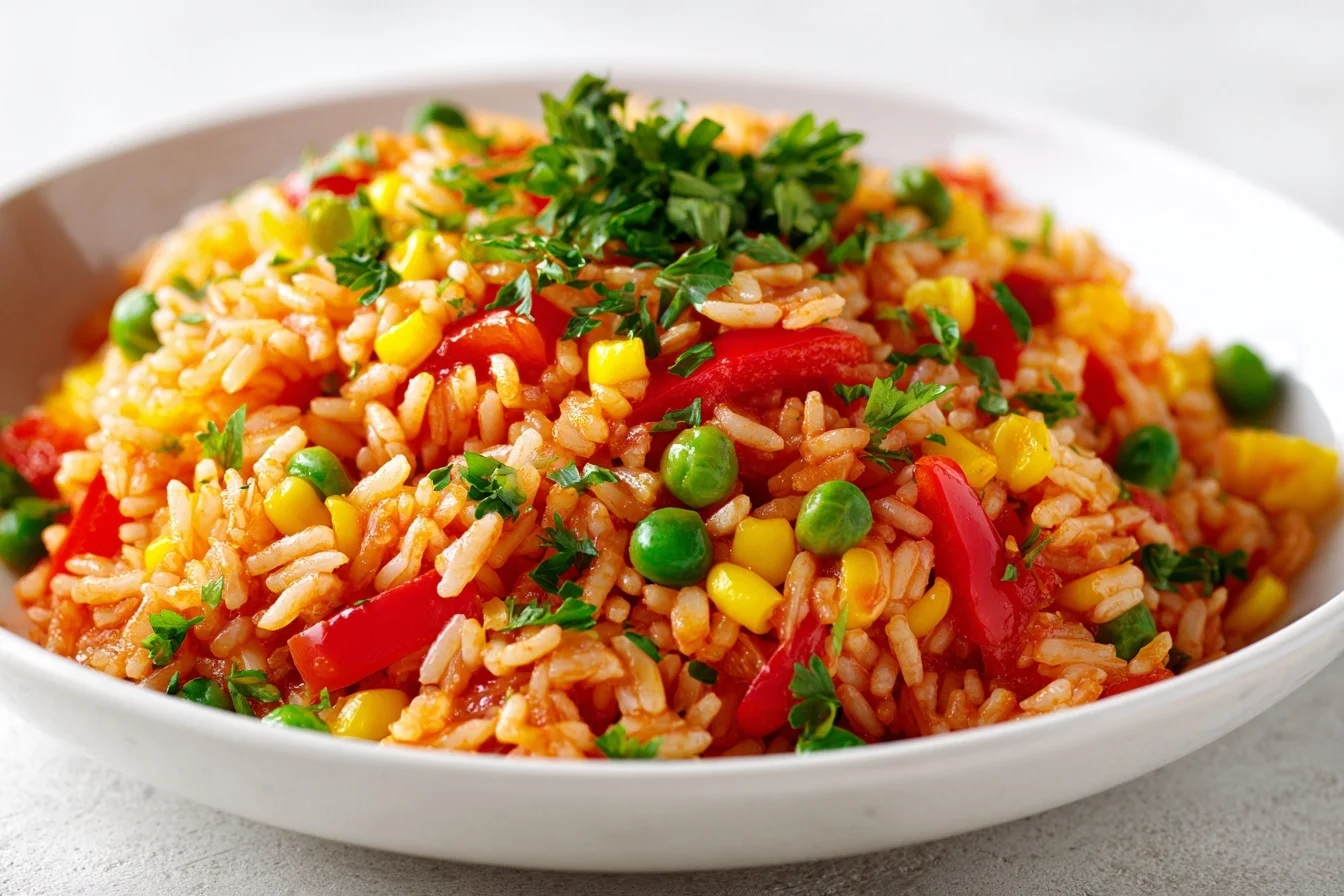 Ein elegant angerichteter Djuvec Reissalat mit einer würzigen Tomatensoße, garniert mit frischer Petersilie, serviert auf einem weißen Teller.