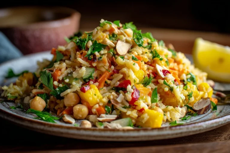 Ein farbenfroher Reissalat mit Curry in einer rustikalen Keramikschale mit Mango, Paprika, Karotten und gerösteten Cashewkernen, serviert mit cremigem Kokos-Dressing.