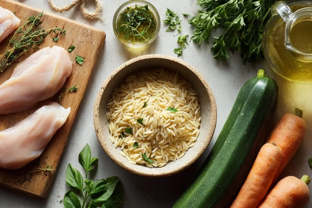Orzo Nudeln Zutaten mit Hähnchenbrust, Zucchini, Karotten, frischen Kräutern und Gemüsebrühe übersichtlich angerichtet