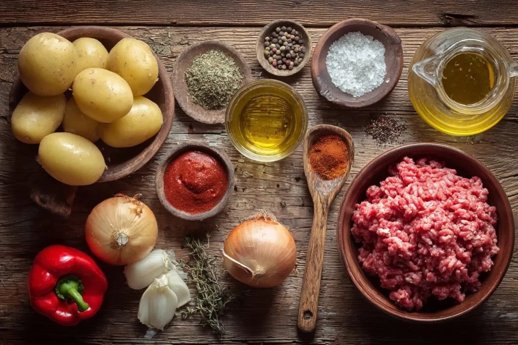 Kartoffel-Hackfleisch-Pfanne Zutaten mit Rinderhackfleisch, Kartoffeln, Paprika, Zwiebeln, Knoblauch, Gewürzen und Gemüsebrühe