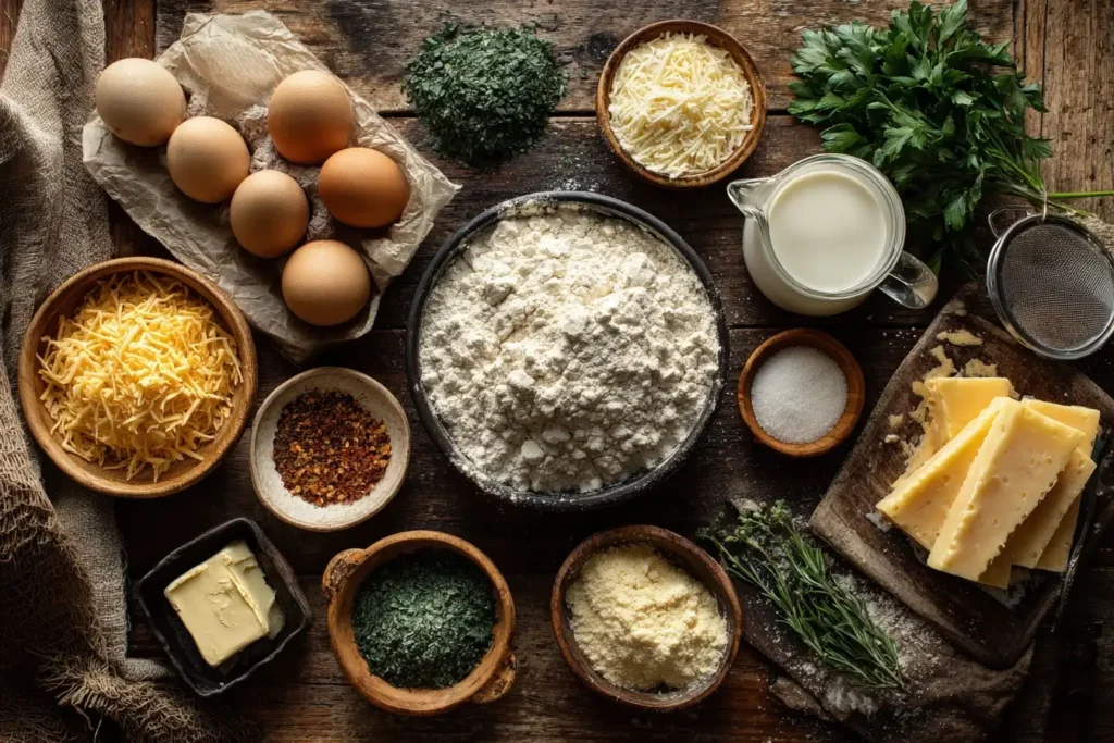 Käsewaffeln Zutaten mit Weizenmehl, Eiern, Milch, Butter, geriebenem Käse, Kräutern und Gewürzen