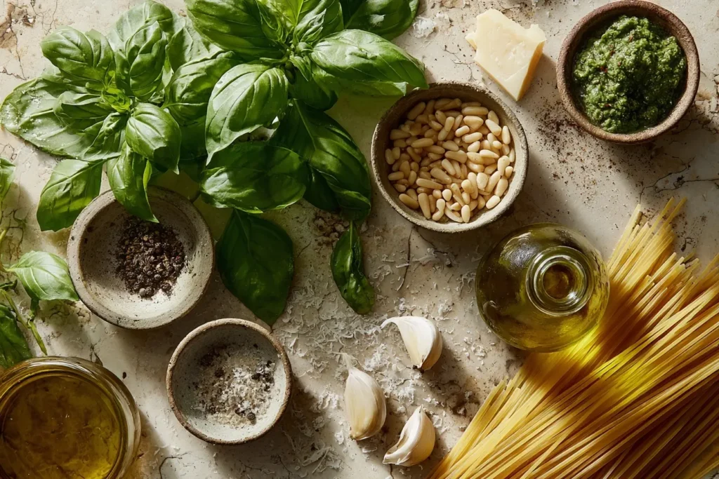 Nudeln mit Pesto Zutaten mit frischen Basilikumblättern, Pinienkernen, geriebenem Parmesan, Knoblauch, Olivenöl, Salz, Pfeffer und Spaghetti