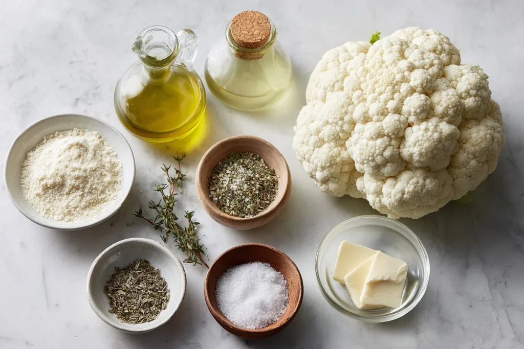 Blumenkohl-Schnitzel mit Käse Zutaten: Bio-Blumenkohl, Mandelmehl, pflanzlicher Käse, Olivenöl, Thymian, Oregano, Salz & Pfeffer