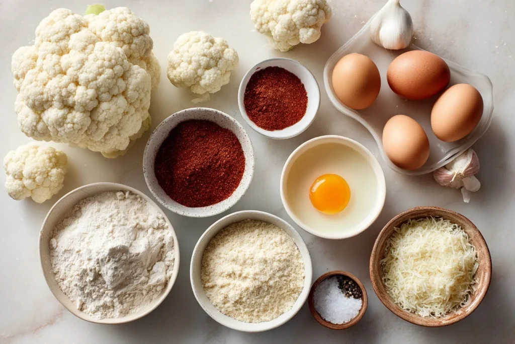 Panierter Blumenkohl im Backofen ohne Vorkochen Zutaten: frischer Blumenkohl, Mehl, Eier, Paniermehl mit Parmesan, Paprikapulver, Knoblauchpulver, Salz & Pfeffer