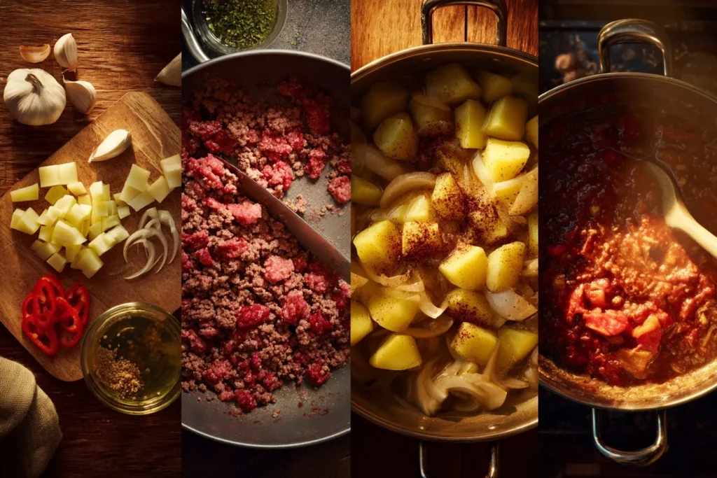 Zubereitung der Kartoffel-Hackfleisch-Pfanne beim Anbraten von Hackfleisch, Gemüse und Kartoffeln in der Pfanne