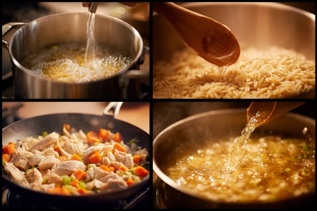 Zubereitung von Orzo Nudeln beim Kochen, Anrösten und Garen mit Hähnchen, Gemüse und Brühe