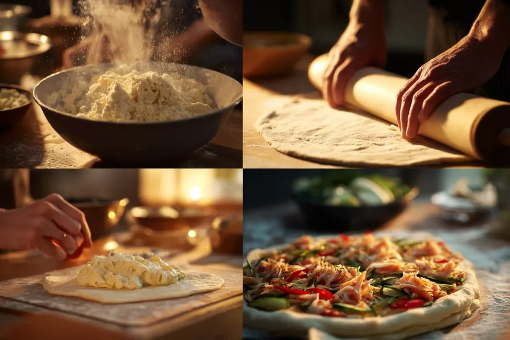 Zubereitung vom Low Carb Flammkuchen mit Teig, Creme, Gemüse und Belag vor dem Backen