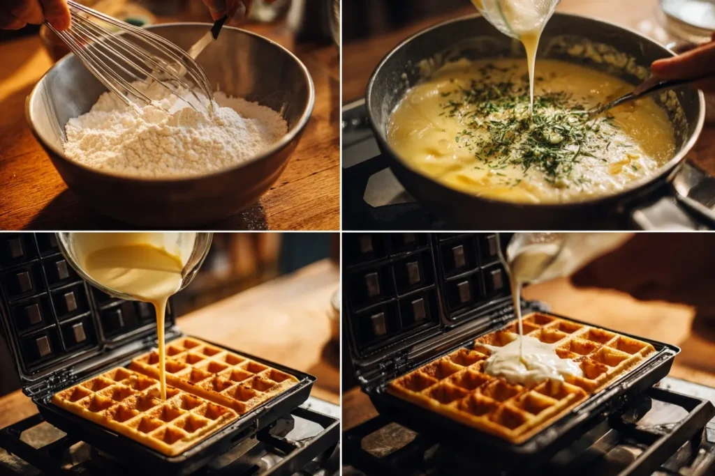 Zubereitung von Käsewaffeln beim Mischen des Teigs und Backen im Waffeleisen