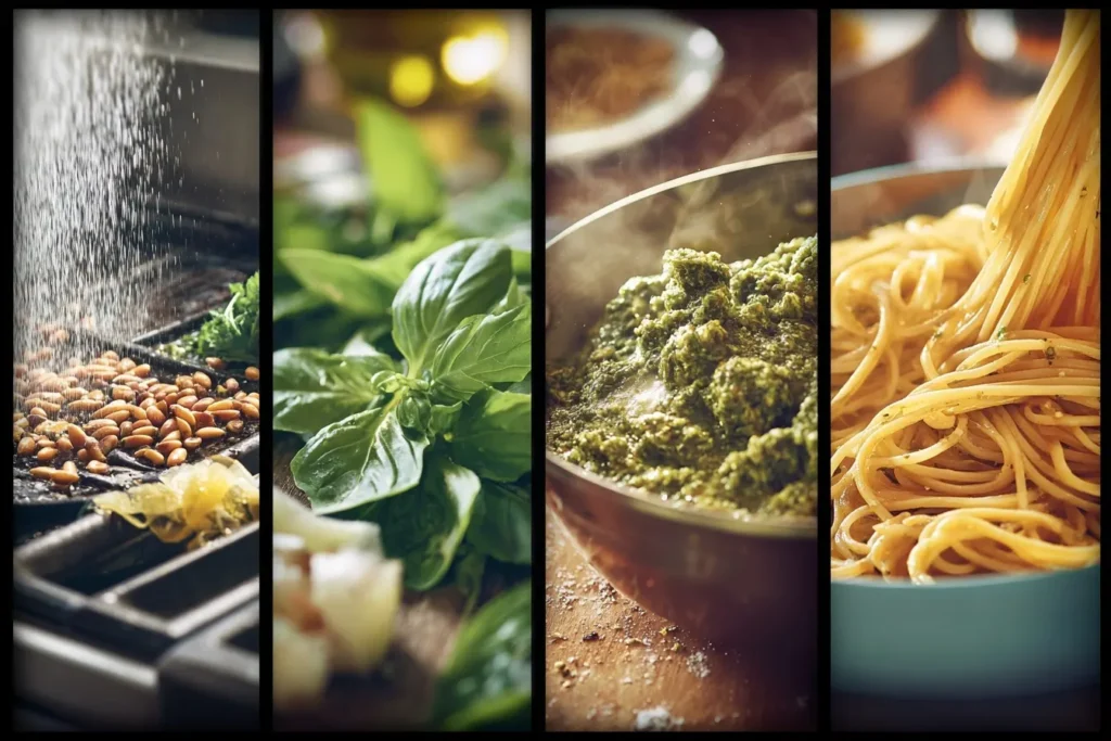 Zubereitung von Nudeln mit Pesto beim Rösten der Pinienkerne, Mixen des Pestos und Vermengen mit den Nudeln