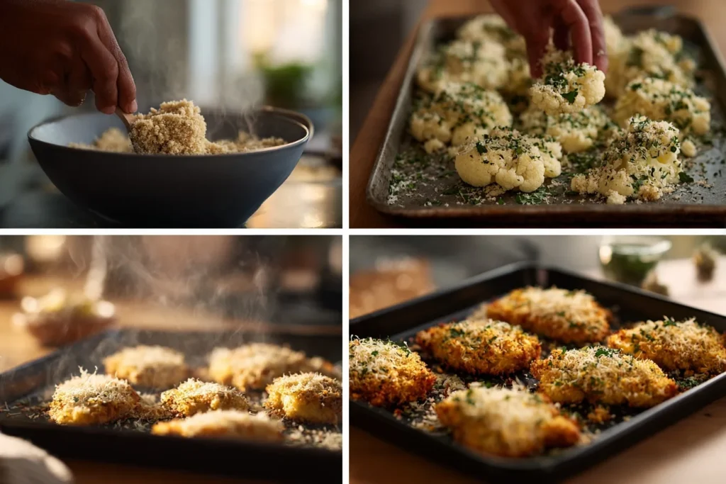 Zubereitung von Blumenkohl-Schnitzel mit Käse: Panade herstellen, Blumenkohlscheiben wälzen, backen und mit Käse gratinieren