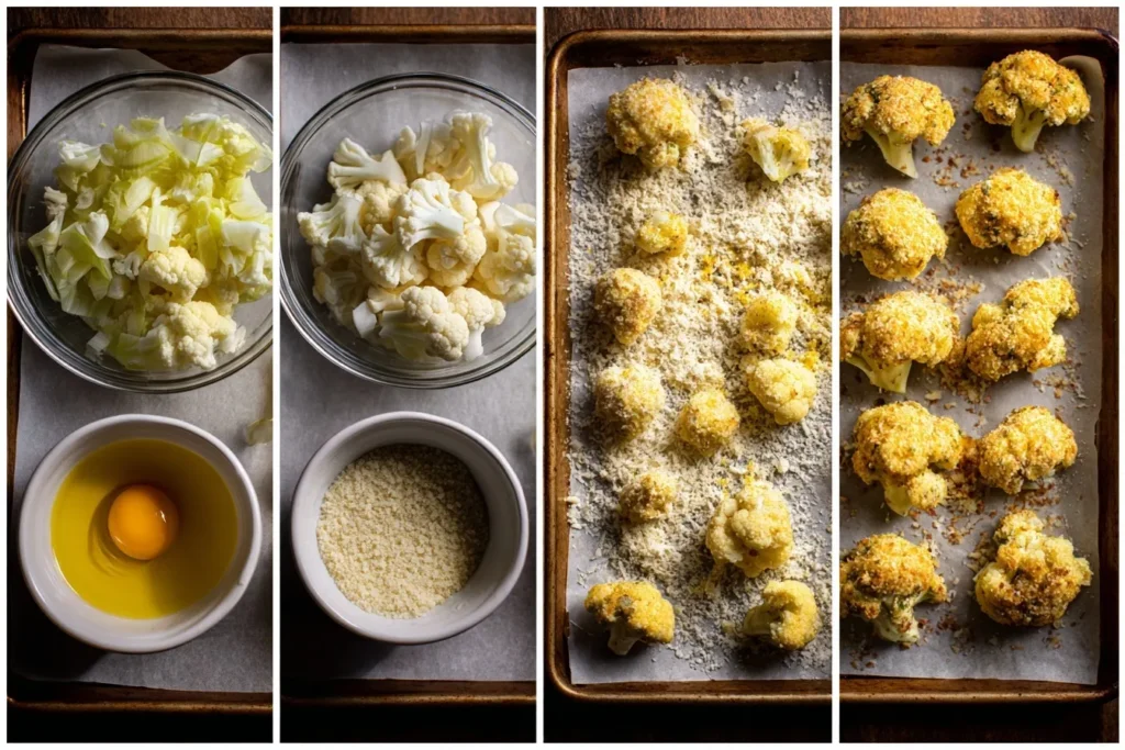Zubereitung von Panierter Blumenkohl im Backofen ohne Vorkochen: Blumenkohl schneiden, in Mehl, Ei und Paniermehl wenden, auf Backblech legen und backen