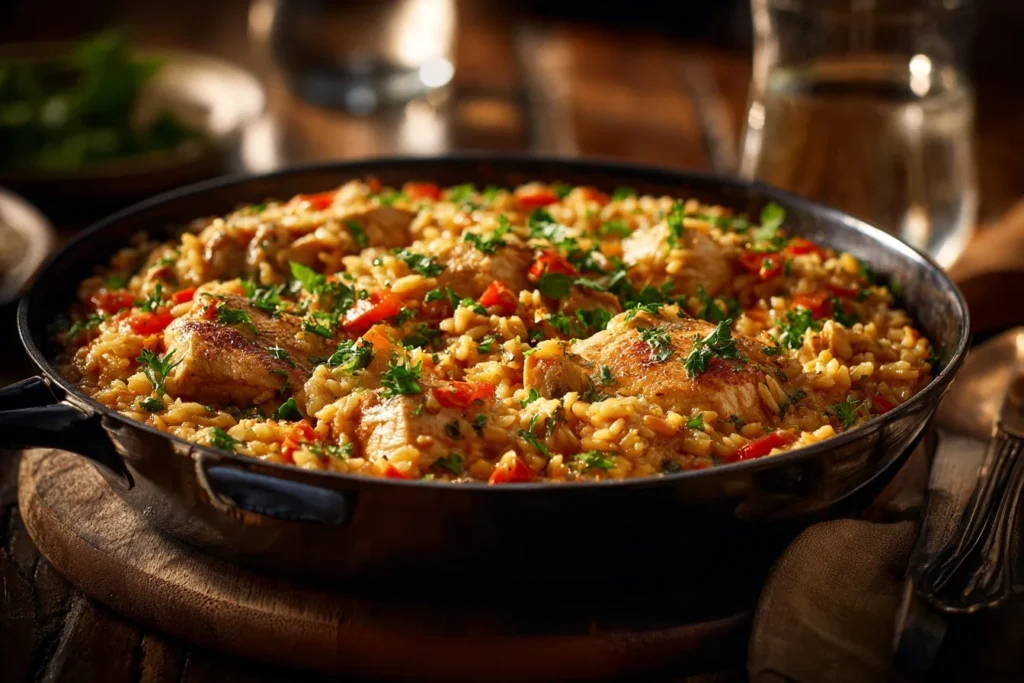 Fertiges Orzo Nudeln Gericht mit Hähnchen, Zucchini, Karotten und frischen Kräutern