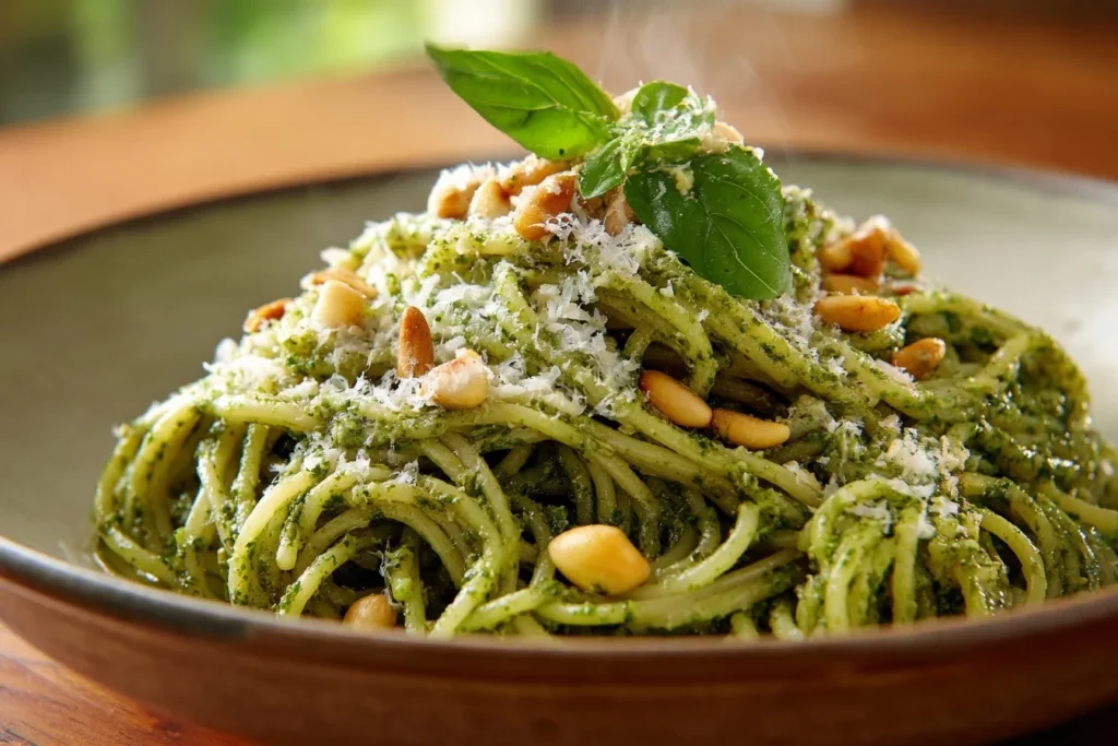Fertiges Nudeln mit Pesto Gericht, cremige Nudeln mit frischem Pesto, Parmesan und Basilikum garniert
