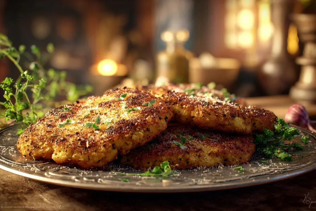 Fertiges Blumenkohl-Schnitzel mit Käse, goldbraun, knusprig und mit geschmolzenem Käse überbacken