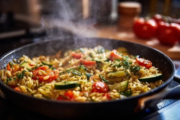 Griechische Nudeln - Eine mediterrane Kritharaki-Pfanne mit griechischen Nudeln, buntem Gemüse, Olivenöl und frischen Kräutern, serviert in einer rustikalen Schale.