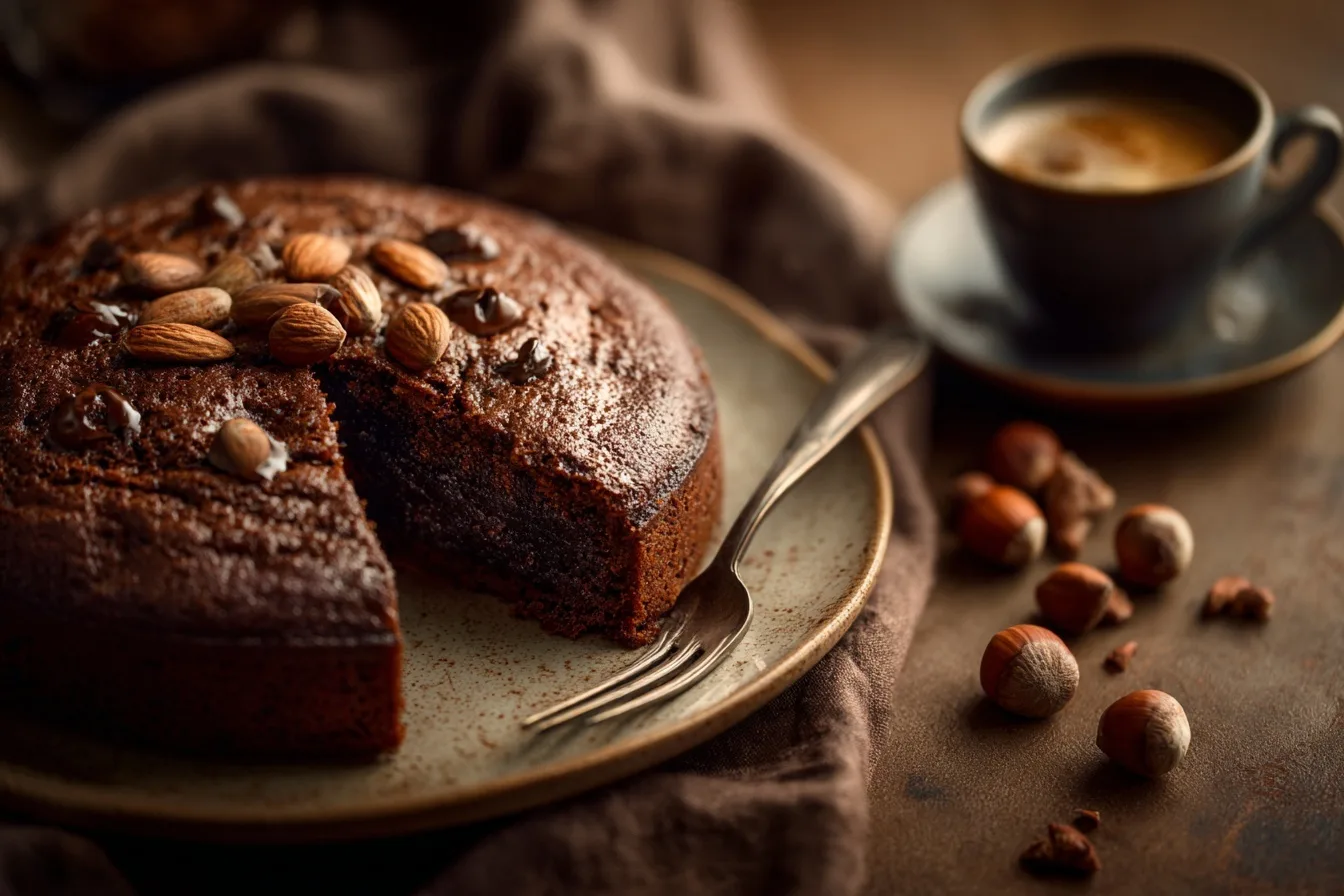 Glutenfreie Torte mit Schokolade und Mandeln, garniert mit Puderzucker, Schokoladenguss, Beeren und Minzblättern auf einem Holztisch mit Kaffee.