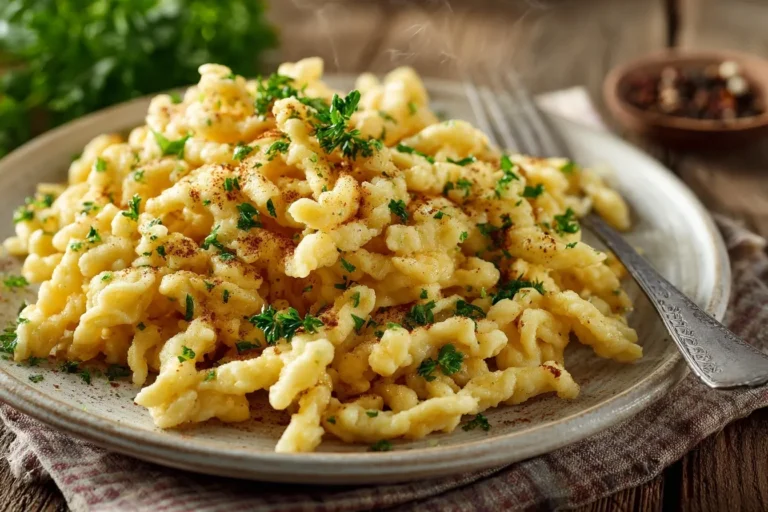 Glutenfreie Spätzle mit cremiger Pilzsoße, schwarzem Pfeffer und Schnittlauch, serviert auf einem rustikalen Tisch mit Salat und Wasser.