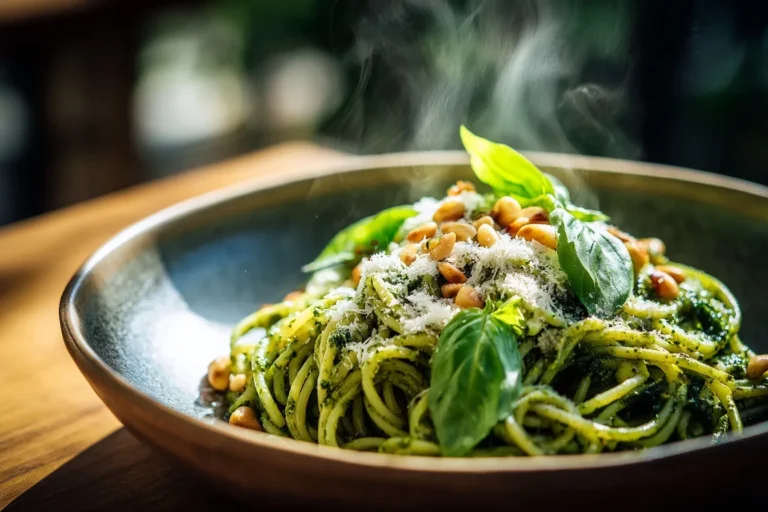 Köstliche Nudeln mit Pesto: Einladendes Bild von Spaghetti, überzogen mit hausgemachter Basilikumsauce und Pinienkernen.