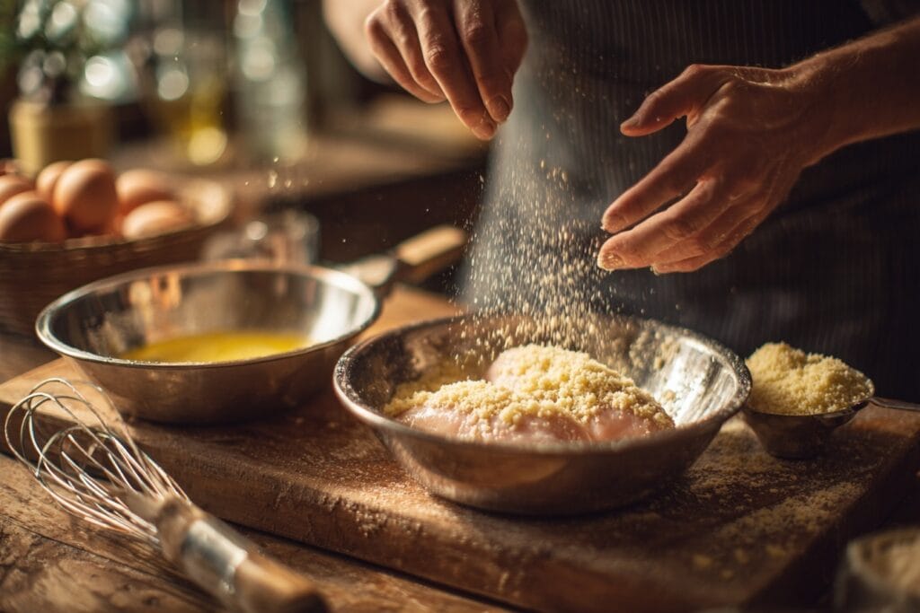 Parmesan Hähnchen mit Spinat, fotografiert von oben mit weichem Licht und stimmungsvoller Umgebung.