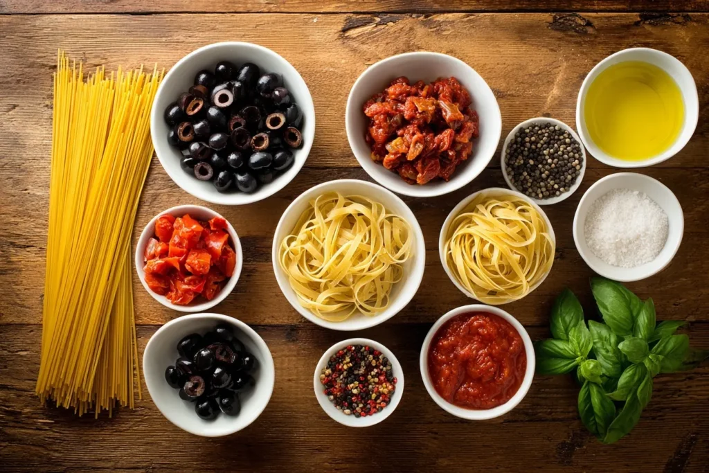 Rustikale Präsentation von Spaghetti alla Puttanesca mit Basilikumblättern