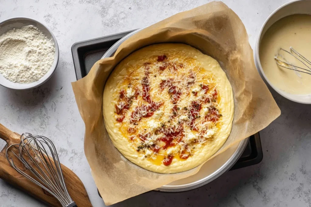 Low Carb Schüttelpizza mit Hüttenkäse mit Kirschtomaten und Oregano, fotografiert im Freien