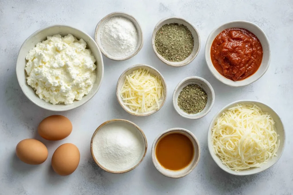 Low Carb Schüttelpizza mit Hüttenkäse in natürlicher Beleuchtung, serviert mit frischen Kräutern