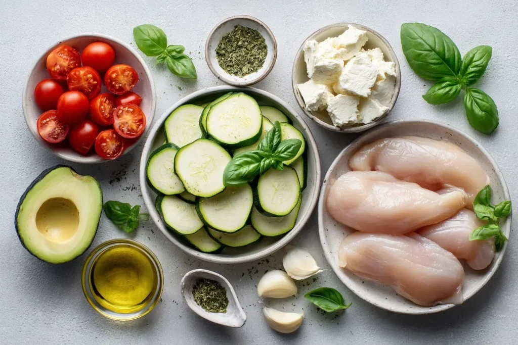Leckere Low Carb Abendessen auf rustikalem Holztisch mit Basilikum garniert
