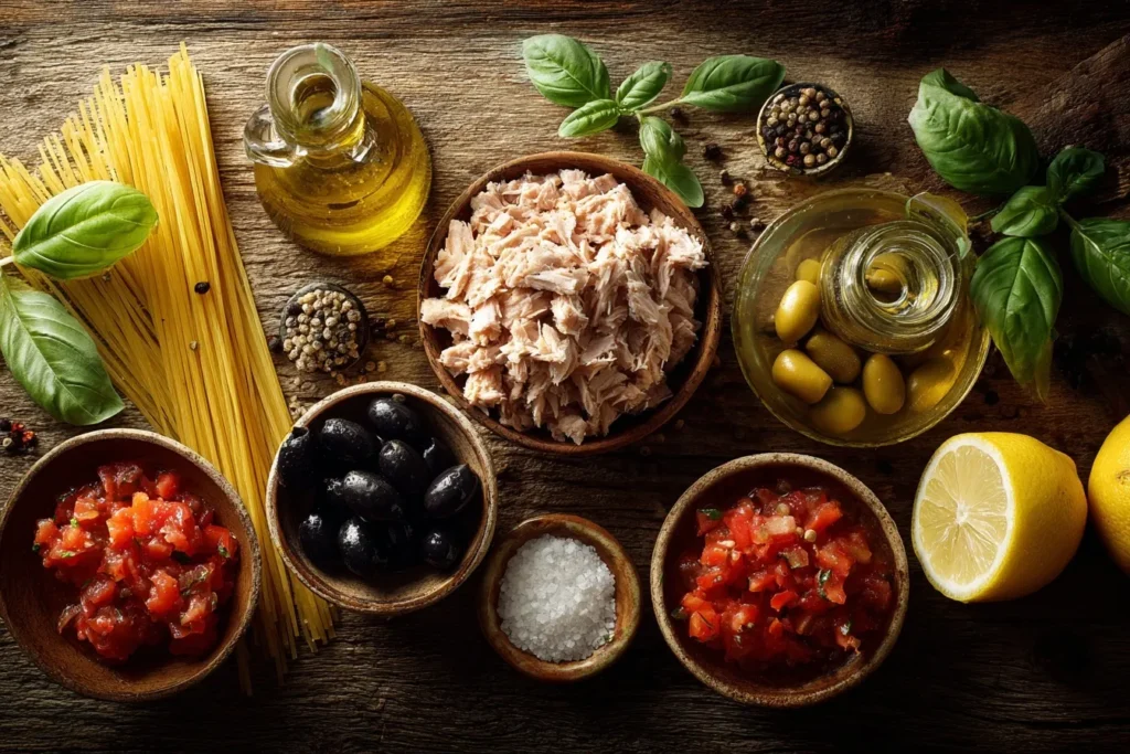 Dampfende Italienische Spaghetti mit Thunfisch in rustikalem Stil serviert