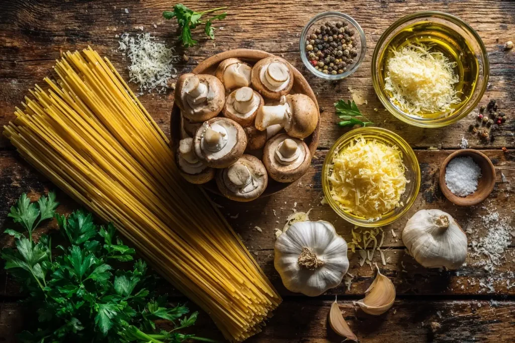 Rustikale Präsentation von Nudeln mit Champignons, umgeben von frischen Zutaten