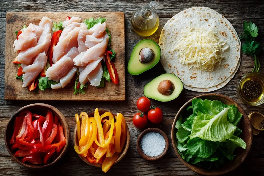 Hähnchen-Wraps mit Gemüse und Käsefüllung, cremig dekoriert mit frischen Kräutern.