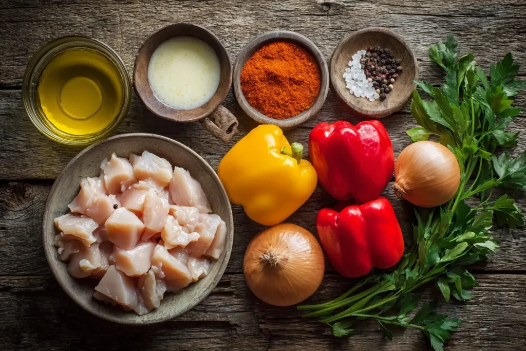 Hähnchen-Paprika-Pfanne in moderner Präsentation mit frischen Kräutern und Beilage Reis