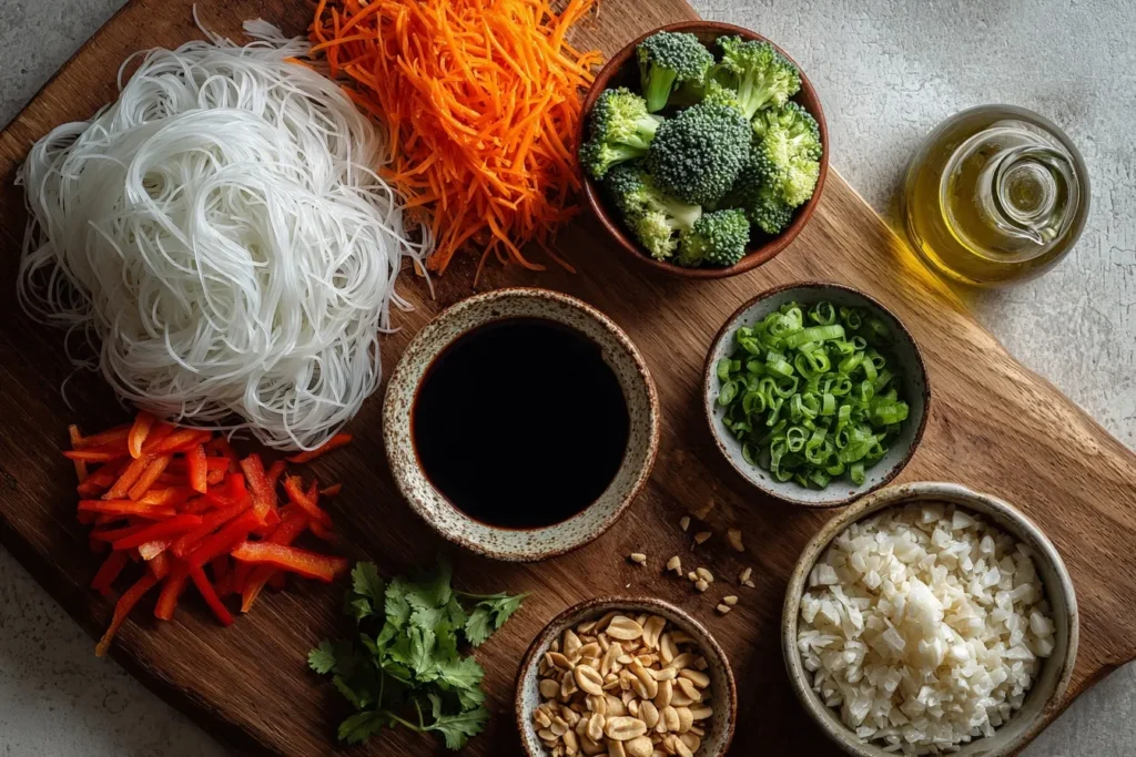 Gebratene Asia-Nudeln mit Huhn und knackigem Gemüse, dicht fotografiert auf einem Holztisch.